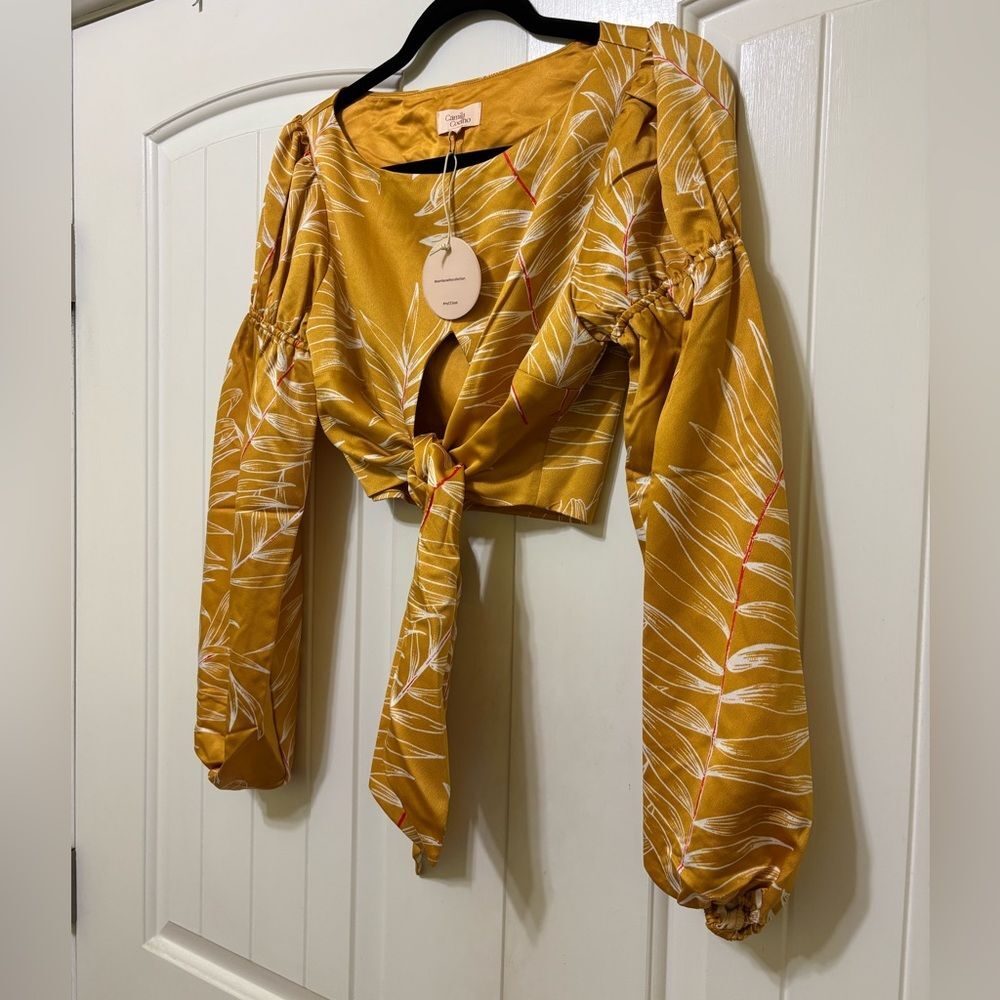 Camila Coelho Marcia Crop Top Gold Tropical Puff Sleeve Resort Glam Blouse, sz S - Picture 3 of 11